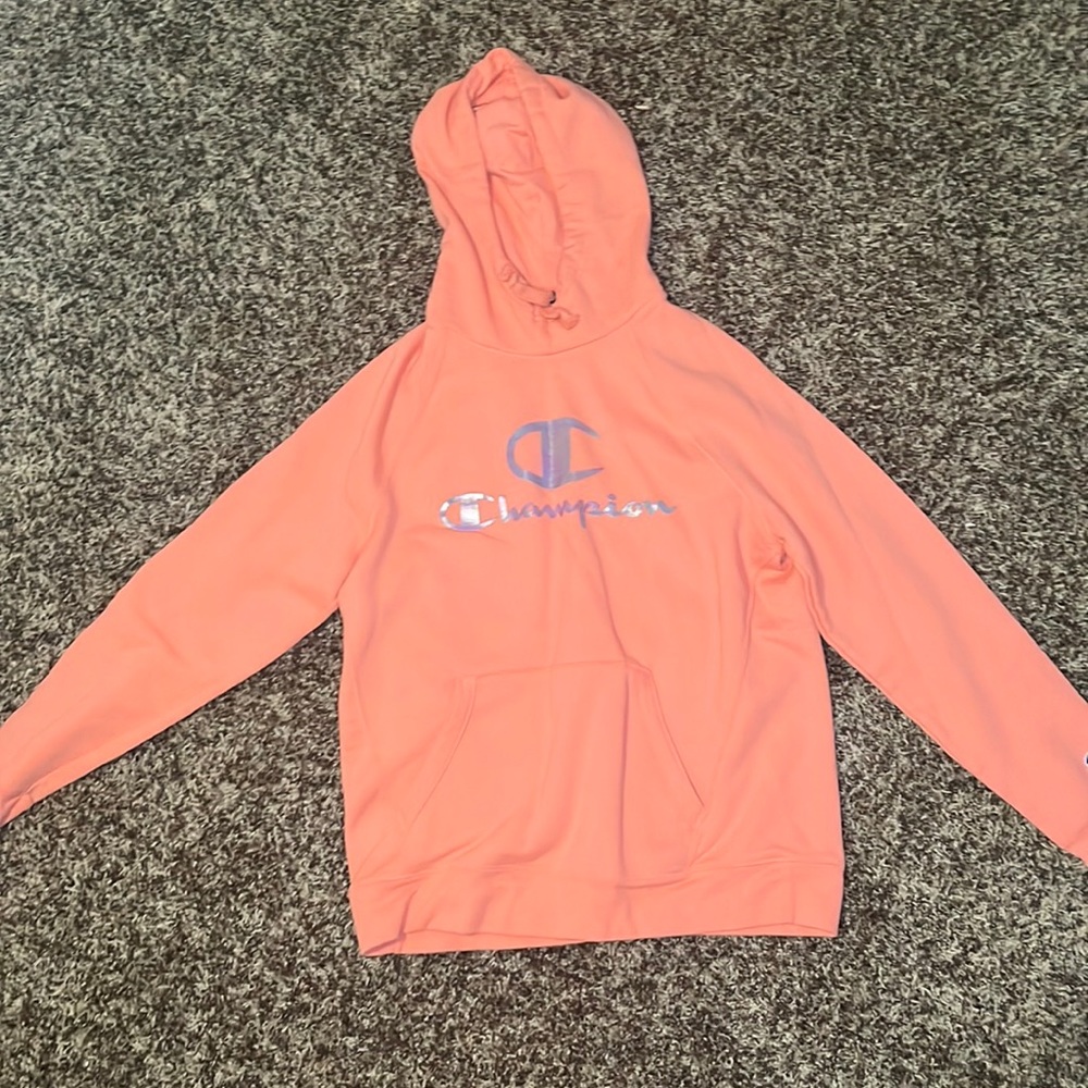 coral champion sweatshirt, worn like twice, still in really good condition
